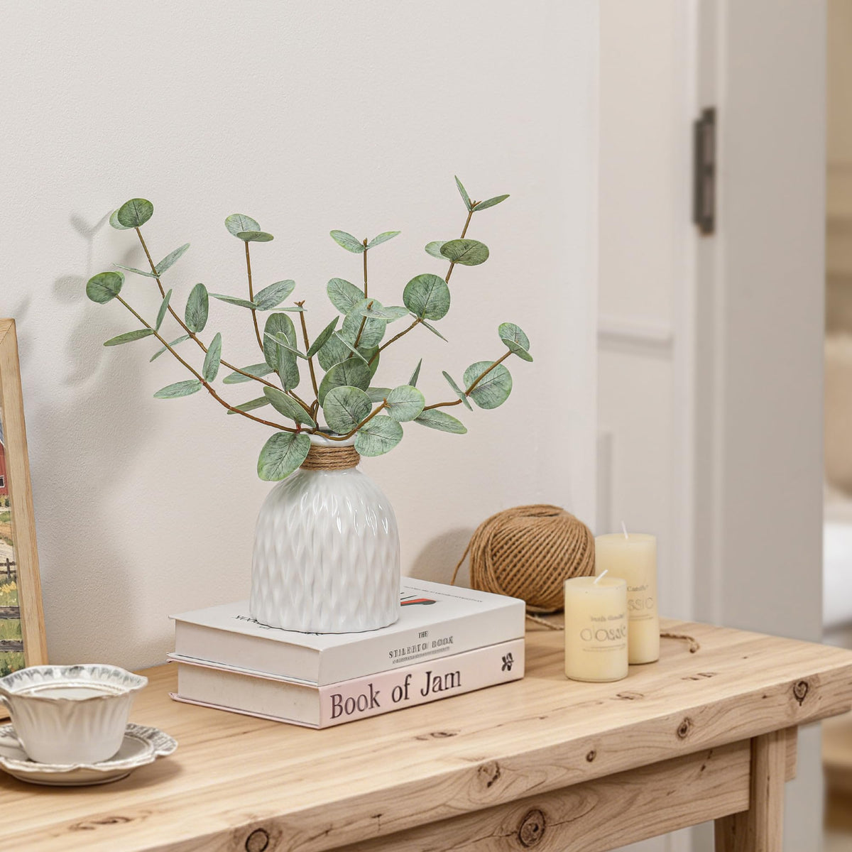 Fake Eucalyptus Plants 4 Stems in Ceramic Vase for Indoor Home Decor