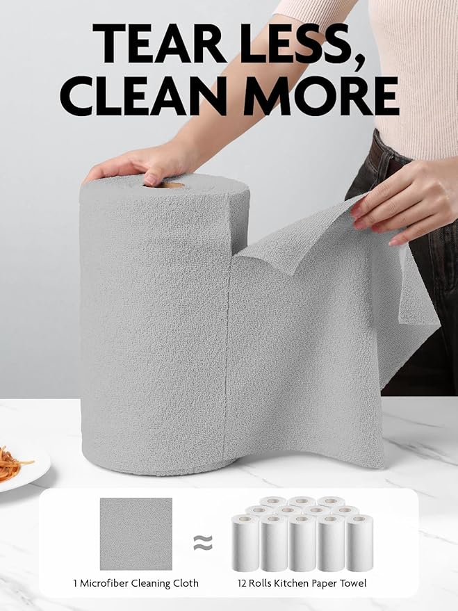 Fantasticlean Microfiber Cleaning Cloth Roll -75 Pack, Tear Away Microfiber Towels, 12" x 12", Reusable, Washable, Scratch Free, Ultra Absorbent Dishcloth for All-Around Cleaning Supplies (Grey)