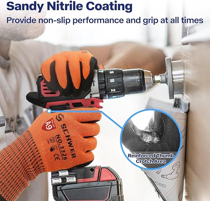 Schwer ProGuard Highest Level Cut Resistant Work Gloves PR3326 for Extreme Protection, ANSI A9 Cut Gloves with Reinforced Thumb, Non Slip, Non PFAS, Durable, Touch-screen, Orange 2 Pairs（M）