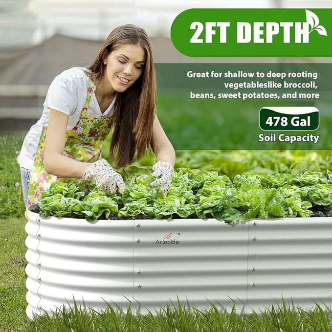 A ANLEOLIFE 8X4X2 ft Galvanized Raised Garden Beds Outdoor, Oval Large Metal Deep Root Planter Box for Planting Vegetables Flowers Herb, Anti-Rust & Easy-Setup, Antique White