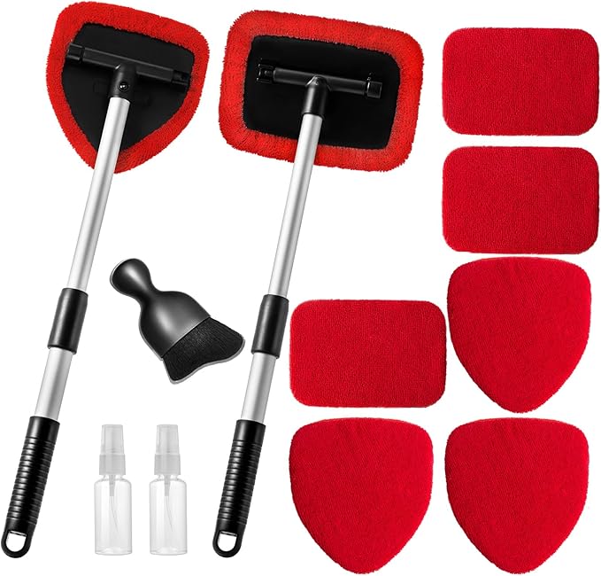 11pcs Windshield Cleaner Tool, Car Window Cleaning Wash Kit with 6 Reusable Microfiber Pads 2 Spray Bottles and Extendable Handles Auto Glass Wiper Kit, Red