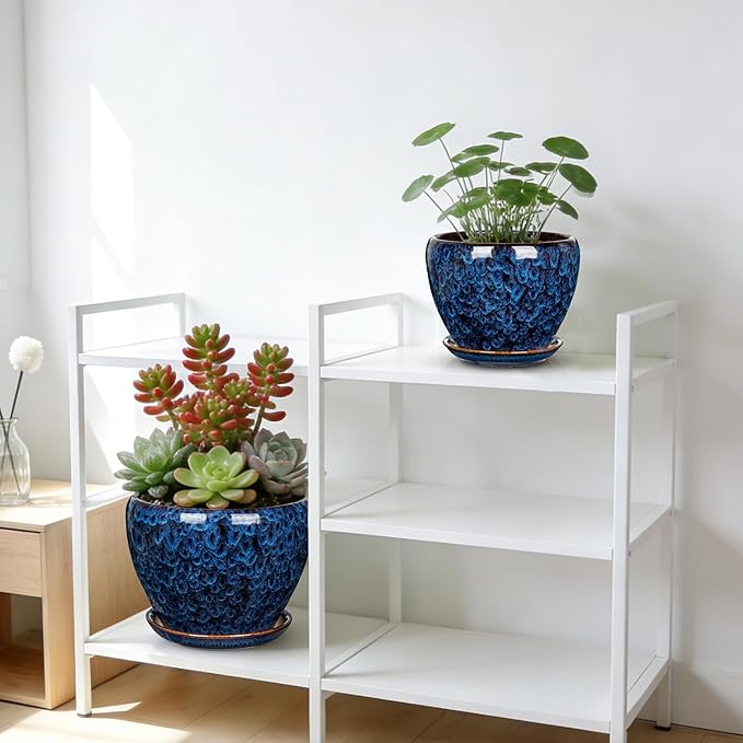 Hollyone 9+7 Inch Ceramic Planter Set of 2 Blue Ceramic Plant Pot for Plants Flowers with Drainage Hole and Saucers Ceramic Glaze Round Plant Pot Indoor Outdoor Large Succulent Orchid Flower Pot