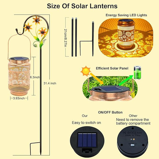 2 Pack Sunflower Solar Lanterns Outdoor Waterproof Solar Garden Decor, Birthday Gifts for Christmas Women Mom Grandma, Metal Hanging Lights with Shepherd Hook for Outside Yard Patio Pathway Backyard