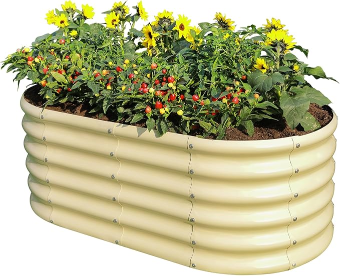 Land Guard 18“ Tall Outdoor Metal Raised Garden Bed, Oval Deep Root Planter Box for Vegetables, Flowers, Herbs, 89 Gallon Capacity - Cream Yellow