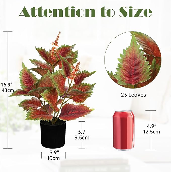 Artificial Plants Indoor with Pot 16.9" Faux Potted Perilla Plants Indoor Decorative Silk Greenery in Black Pot for Farmhouse Home Bathroom Living Room Office Table Shelf Decor