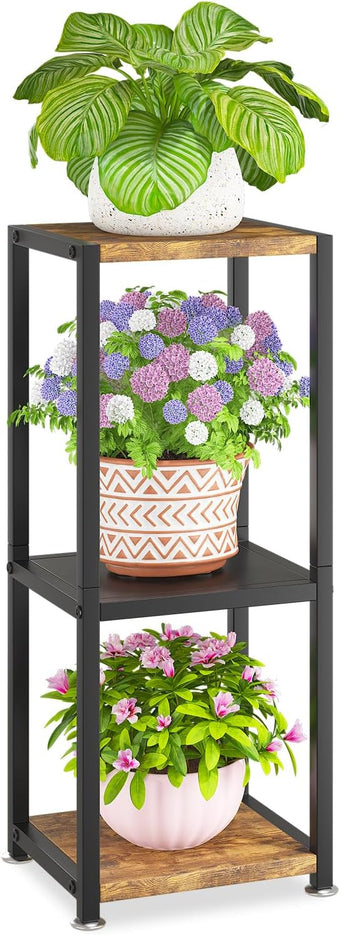 KMOTASUO 3 Tier Tall Plant Stands Indoor, 31 Inch Metal Wood Corner Plant Stand for Indoor Plants, Square Flower Pot Holder Shelf Display Rack for Balcony Garden Patio Living Room(Rustic Brown)