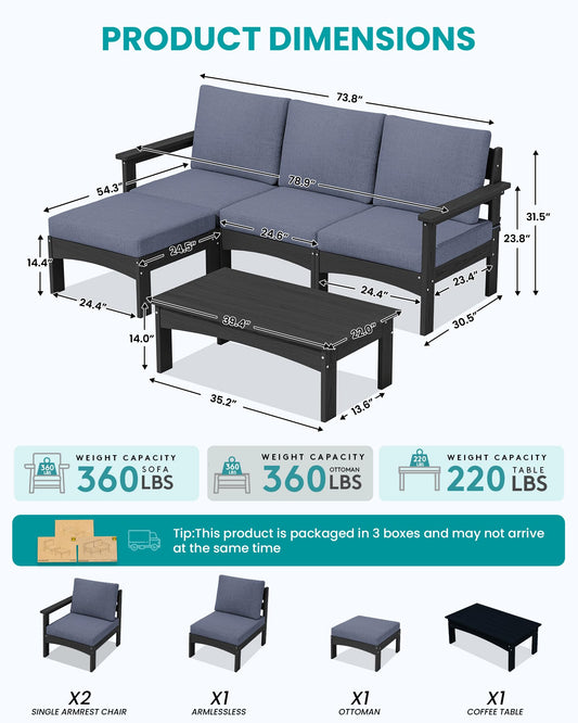 SERWALL 5 Piece HDPE Outdoor Sectional Sofa with Ottoman and Table, Black