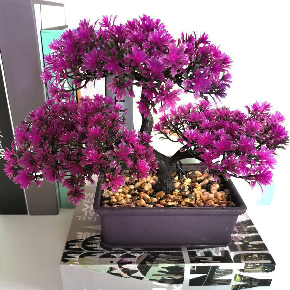 Meluvora 8.66" Artificial Bonsai Tree with Textured Trunk, Broad Canopy and Pebble Base for Bathroom Desk Shelf, Japanese and Zen Decor(Rose Red)