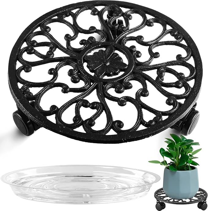 11 Inch Rolling Plant Stand with Wheels Wrought Iron Rolling Plant Stand with Casters Heavy Duty for Indoor Plants Rollers with Plant Saucers, Metal Round Plant Dolly 1 Pack