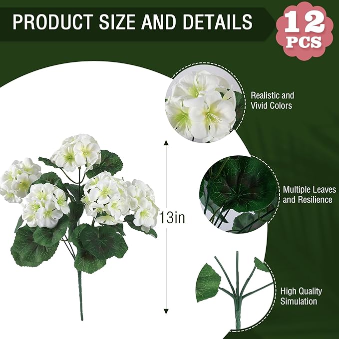 Hananona Artificial Geranium Flowers for Outdoors Geranium Silk Flowers Outdoor UV Resistant Garden Plants Faux Flowers for Home Kitchen Table Centerpieces Decor (12, White)