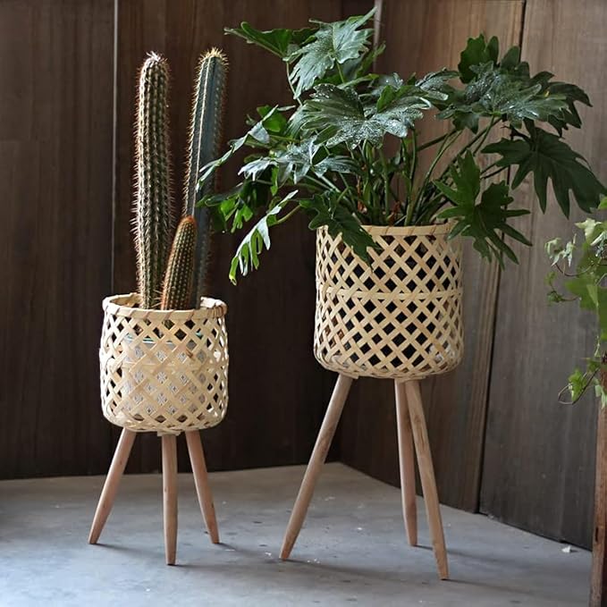 RISEON Set of 2 Handmade Mid Century Modern Planter, Rustic Indoor Rattan Basket Flower Pot Plant Stand,Large Floor Planter Natural