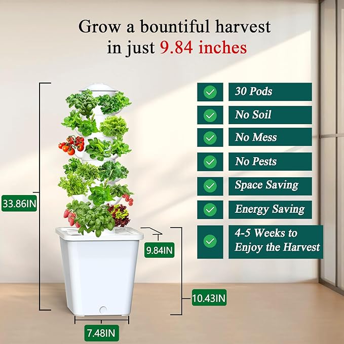 Hydroponics Growing System, 30-Plant Indoor Hydroponic Tower with Pump System, Plants Germination Kit, Smart Aeroponic Herb Garden, Vertical Hydroponic System for Gardening Lover (No Seed)