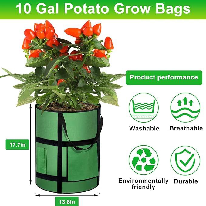 MEKOLIFE 10 Gallon Potato Grow Bags with Viewing Window, 300G Nonwoven Garden Planting Pots, Heavy-Duty Surround Handles for Gardening Supplies (6Pack Grow Bags)