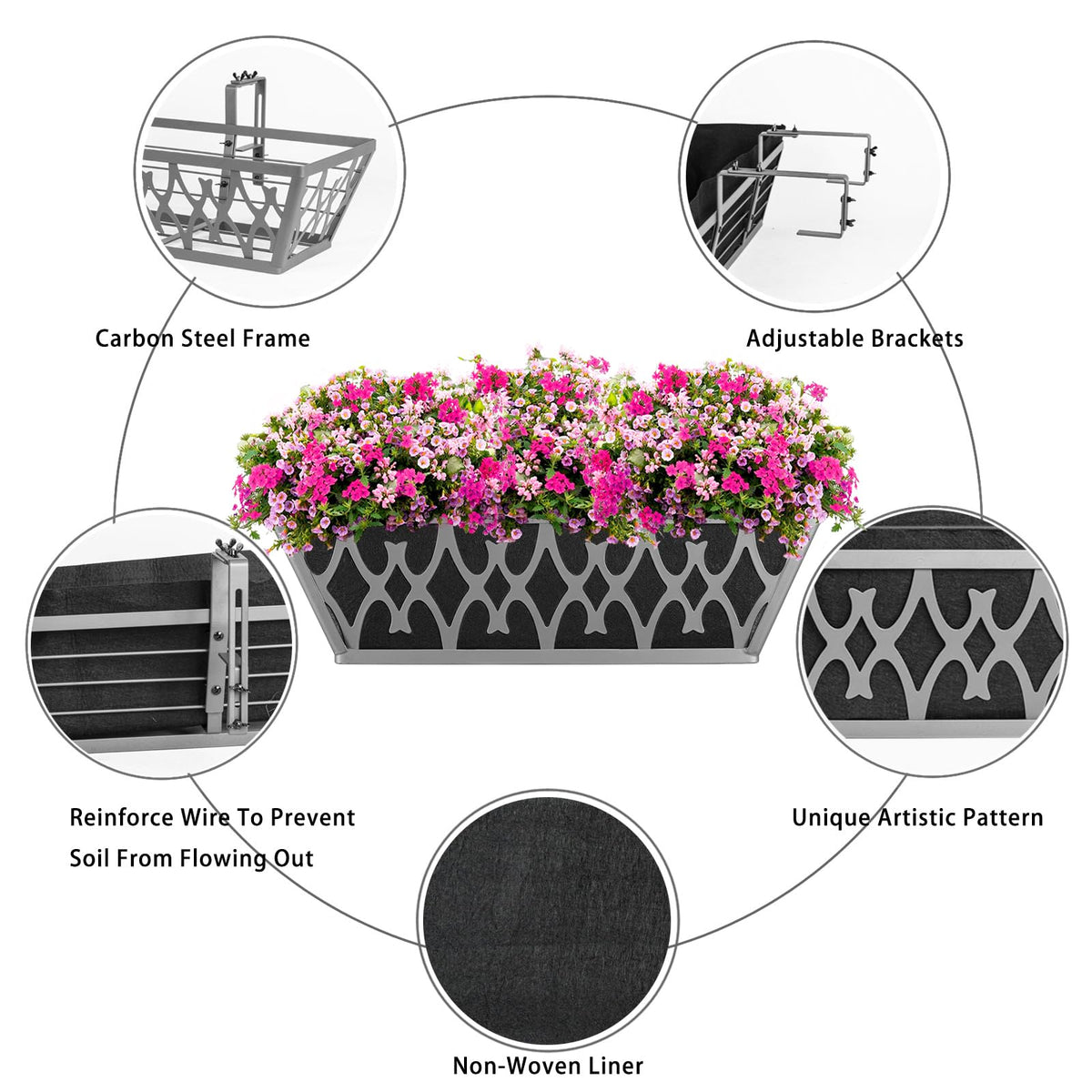 Karlliu 2 Pack 16 Inch Window Boxes Planters Railing Planter Box with Adjustable Brackets & Non-Woven Fabric Plant Grow Bags Deck Railing Planter Boxes Balcony Hanging Flower Box for Outdoor Plants