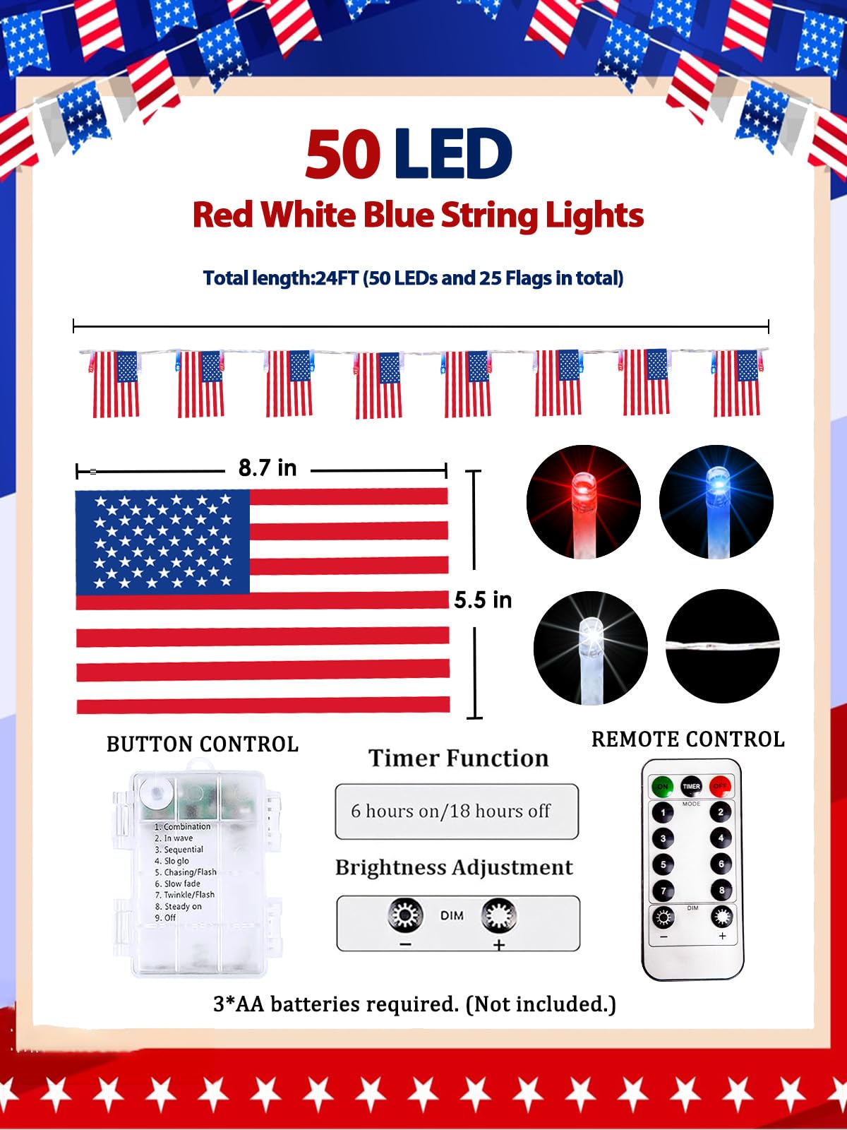 4th of July Lights 24FT Red White Blue Flag LED String Lights with Remote