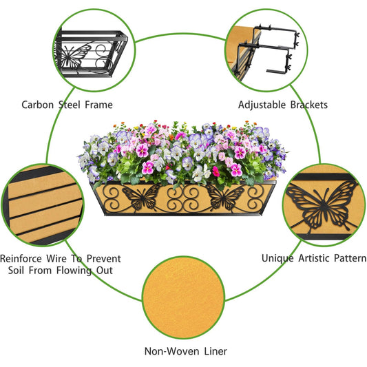 Karlliu 4 Pack 24 Inch Window Boxes Planters Railing Planter Box with Adjustable Brackets for Porch Fence Patio Balcony Hanging Flower Baskets with Woven Fabric for Outdoor Garden Decor - Black