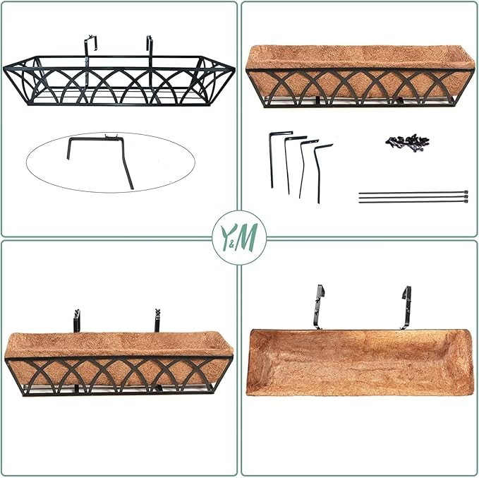 Y&M 30 Inch Window Deck with Coco Liner, Fence Metal Hanging Flower Planter Basket Deck Railing Planter Boxes for Outdoor Garden Lawn, 30" Window Boxes Horse Trough with Coconut Coir Liner,4pcs