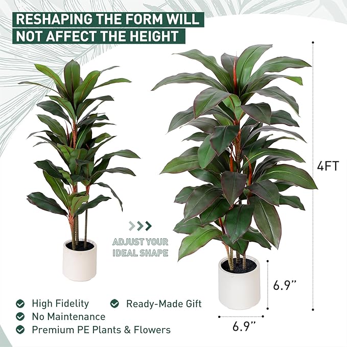 Artificial Dracaena Plant Indoor 4 FT, Fake Tree with White Planter, Faux Yucca Silk Floor Plants Indoor, Artificial Trees for Home Office Decor Indoor Outdoor Housewarming Gift