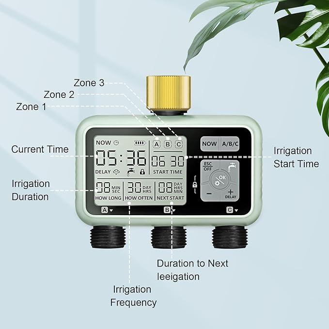 Watering Timer 3 Zone with Brass Inlet, Sprinkler Timer, Programmable Garden Outdoor Hose Faucet Timers with Rain Delay, Auto & Manual Watering System,Water Hose Irrigation Timers 3 Outlet for Garden