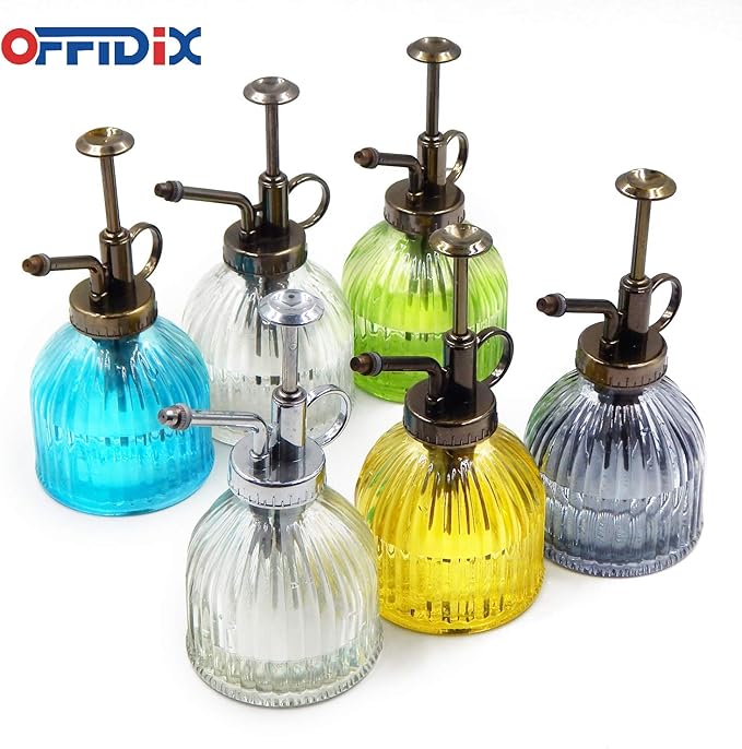 OFFIDIX Glass Watering Spray Bottle, 6.3" Tall Vintage Style Decorative Plant Atomizer Watering Can Pot with Bronze Plastic Top Pump for Indoor Potted Plants(Yellow)