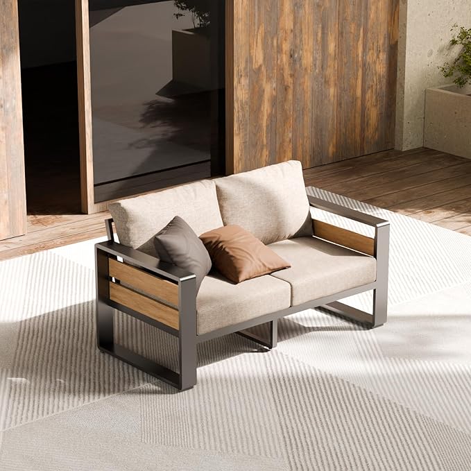 ZANDOR Aluminum Outdoor Patio Furniture - 1 Pcs Loveseat and Coffee Table, All-Weather Metal Modern Outside Furniture with Washable Thick Cushion for Garden/Backyard/Porch, Grey