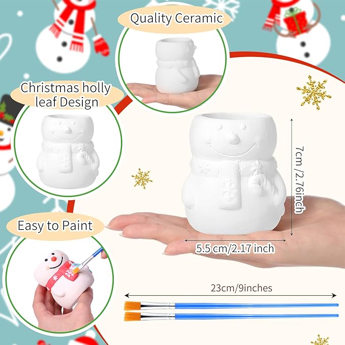 Pasimy 6 Set Ceramics to Paint DIY Ceramic Succulent Planter Pots Paint Your Own Flower Pots Craft Kit Unpainted Bisque Flowerpot with Brush Palette for Family Activity Holiday Gifts(Snowman)