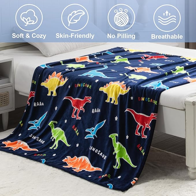 Dinosaur Gifts Toys for Boys Girls - Glow in The Dark Dino Blanket Best Christmas Birthday Valentines Easter Presents for Kids Age 1 2 3 4 5 6 7 8 9 10 Year Old Child Teen Toddler Soft Throw 50"x60"