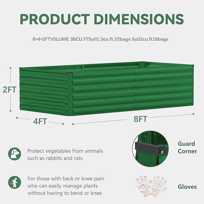 FOOWIN 4pcs 8x4x2ft Galvanized Raised Garden Bed, Planter Raised Garden Boxes Outdoor, Large Metal Raised Beds for Gardening, Garden Bed for Vegetables, Flowers, Herb,478 Gallon Capacity, Green