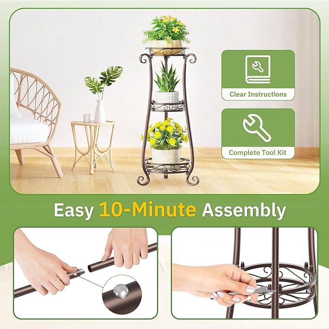 KMOTASUO 3 Tier Metal Plant Stand for Multiple Large Planters Indoor Outdoor Organizer, Heavy Duty Tall Flower Rack for Corner Patio Bathroom Office Corner, Modern Sturdy Vertical Iron Rack, Bronze