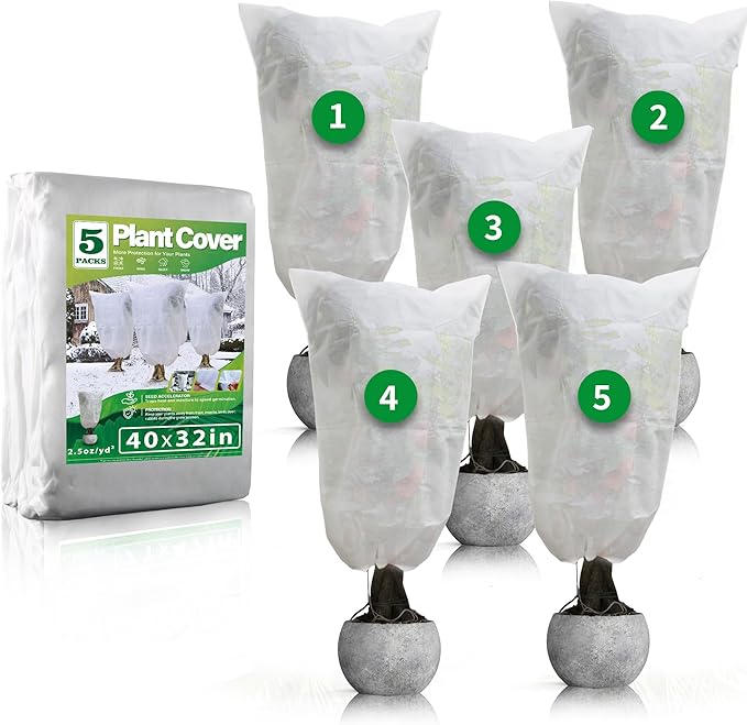 Avalution Plant Covers Freeze Protection, 5 Packs Frost Cloths for Outdoor Plants, 32" X40" Reusable Frost Blankets, 2.2oz Tree Cover Freeze Protection Drawstring Bags for Potted Shrub