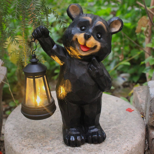 Yewanye Solar Bear Garden Statue, Resin Figurine with Hanging Solar Lantern Outdoor Decor