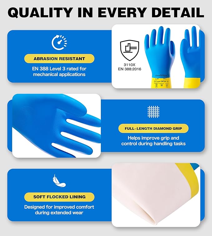 Neoprene and Rubber Blend Heavy-Duty Chemical Gloves, Protective industrial gloves for Resist Acid, Alkali, Hazmat, cleaning, dishwashing, Medium