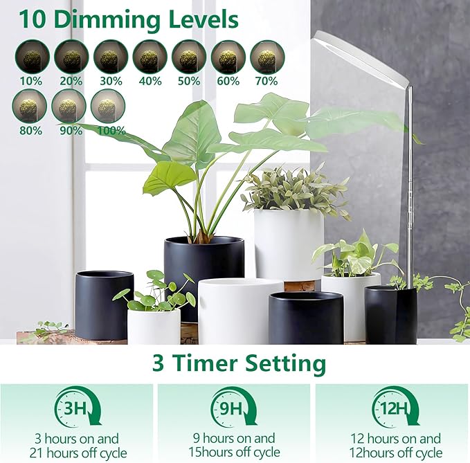 WaterRebirth 3.5 inch Grow Lights for Indoor Plants,Large Plant Light with 3 Timers, 10 Level Dimmable Brightness, Full Spectrum Plant Lamp, Height Adjustable for Tall Plants