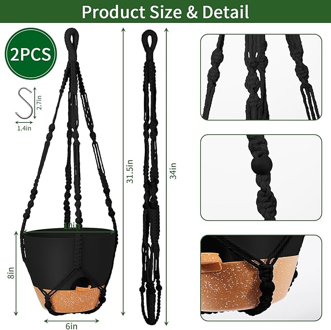 GARDIFE 10 Inch Hanging Planters with Macrame Plant Hanger for Indoor and Outdoor Plants, 2 Pack Large Self Watering Hanging Plant Pot with Basket Flower Pot with Drainage Hole, Black
