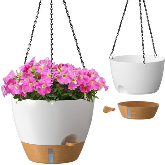 ZMTECH 12 Inch Hanging Planters for Indoor Outdoor Plants, 2 Pack Self Watering Hanging Plant Pots with Drainage Hole, Visual Reservoir, Plastic Flower Hanging Pots with Watering Lip (White)