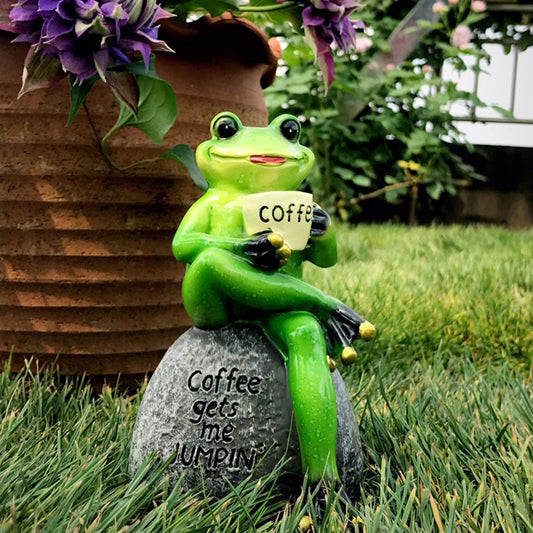 OwMell Frog Statue for Garden Decor, Drinking Coffee Green Frog Figurine