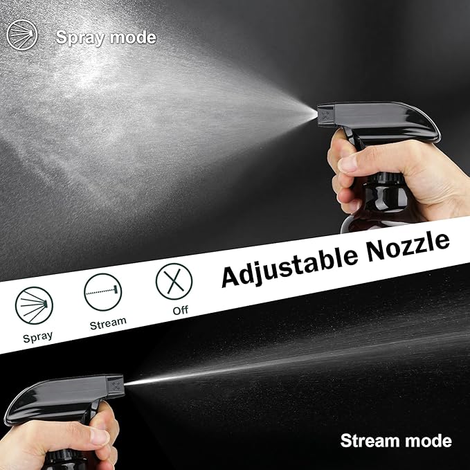 Plastic Spray Bottles 12oz 2 Pack Adjustable Mist/Stream Spraying Heavy Duty Square Water Spray Bottles for Hair, Cleaning Solutions, Plants,Essential Oils (Brown)