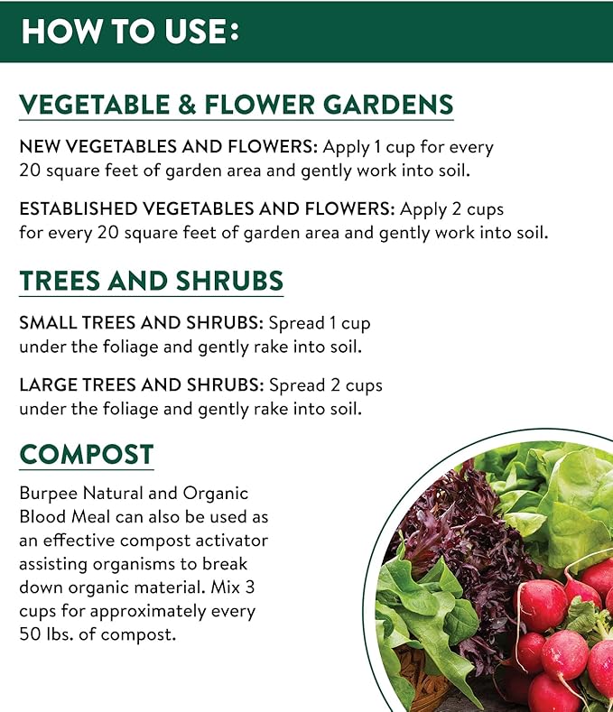 Burpee Organic Blood Meal Fertilizer | Add to Potting Soil | Excellent Natural Source of Nitrogen | for Tomatoes, Spinach, Broccoli, Leafy Greens | 3 lb, 1-Pack