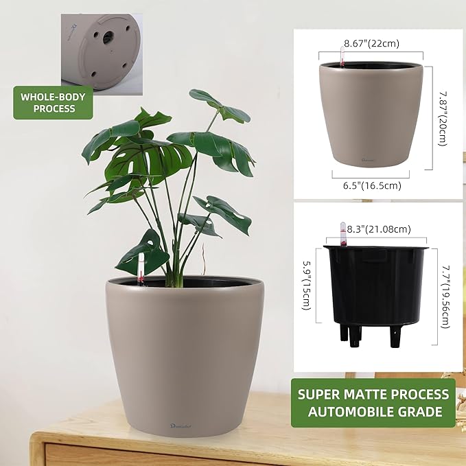 Dexceder 9x8 Inches Self Watering Planter Indoor Outdoor, Inner Pot Design, Thickened Table Flower Plant Pot with Water Level Indicator (Taupe Matte)