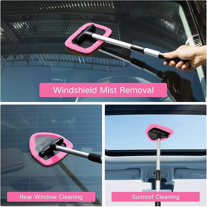 11pcs Windshield Cleaner Tool, Car Window Cleaning Wash Kit with 6 Reusable Microfiber Pads 2 Spray Bottles and Extendable Handles Auto Glass Wiper Kit, Pink