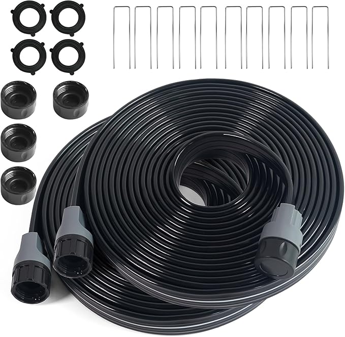 2-Pack Sprinkler Hose with Holes 15 Ft, Flat Soaker Hose 30 ft with Garden Staples, Drip Irrigation Hoses for Lawn, Watering Hose System (Black, 30 ft(15ftx2pack))