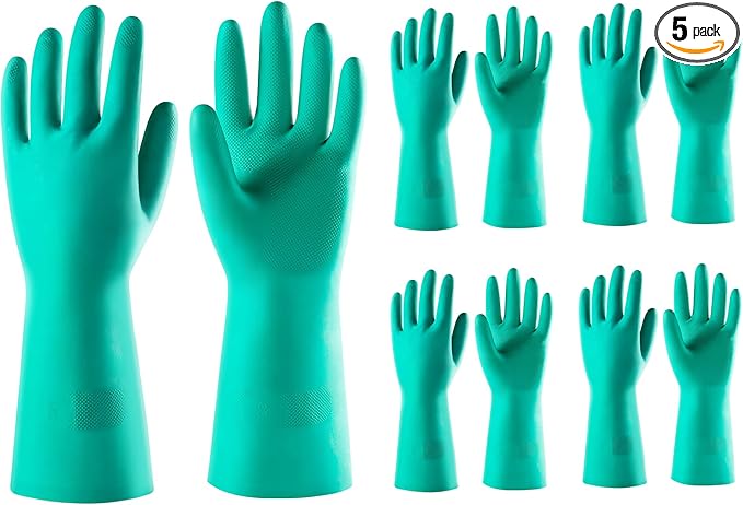ThxToms 5 Pairs Nitrile Chemical Resistant Gloves, 15mil,13", Reusable Latex Rubber Free Heavy Duty Gloves, Acid Alkali Oil Protection, Industrial Use and Household Cleaning, Non-Slip, Large