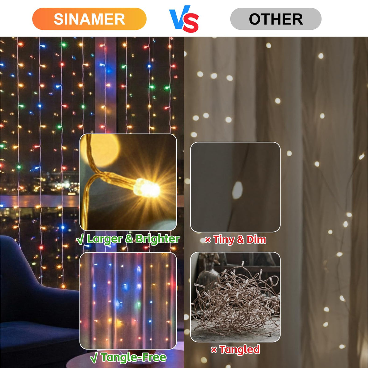 SINAMER Curtain String Light, 200LED 6.6x6.6ft, Remote & 8 Modes, USB