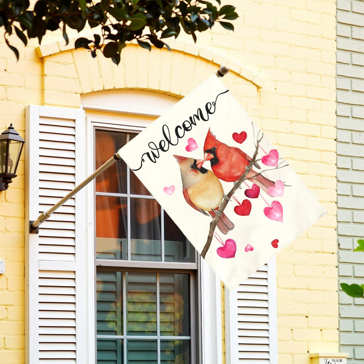 Dacawin Welcome Valentine's Day Garden Flag Cardinal Love Heart Vertical Double Sided House Banner Holiday Anniversary Wedding Red Birds Large Yard Flags Farmhouse Valentines Day Decor 28 x 40 Inch
