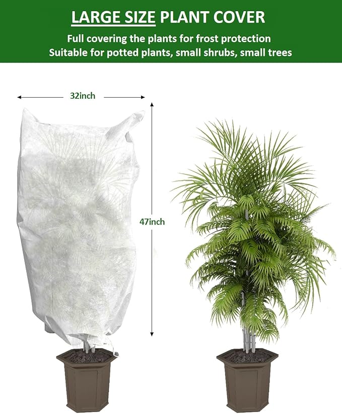EAONE 12 Pack Plant Covers Freeze Protection, 32x47'' Winter Frosts Cloth for Outdoor Plants, Reusable Frost Blankets Drawstring Bags for Cold Freeze Sun Protection Bird Insect Prevention,White