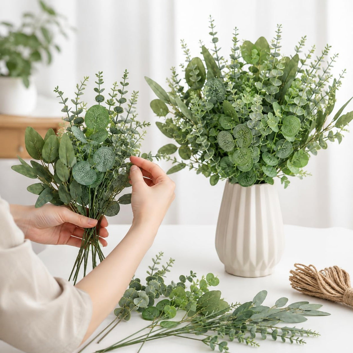 FVKN 48 PCS Mixed Artificial Eucalyptus Stems Bulk with Hemp Rope