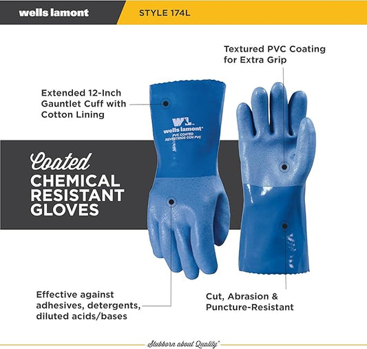Wells Lamont Heavy Duty Rubber Gloves with PVC Coating, Chemical and Abrasion Resistant, Waterproof, 12-Inch Cuff, Large, Blue (174L)