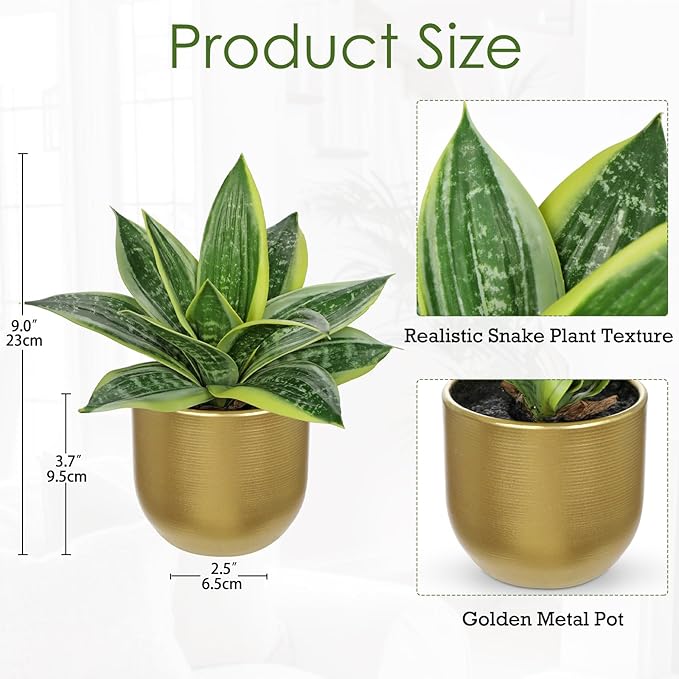 Hollyone Artificial Snake Plants 9" Faux Agave Succulent Plant Potted in Gold Pot Fake Sansevieria Aloe Tropical Plant for Desk Modern Office Home Bathroom Indoor Outdoor Decor