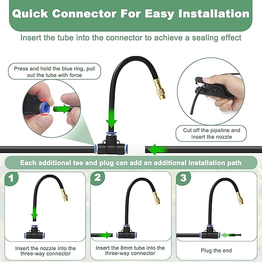 65.6Ft 360° Adjustable Drip Irrigation System Kit, Automatic Garden Watering System with 20 Copper Nozzles, Atomizing Misting Watering System with 360° Bending Dropper for Plant Lawn Patio