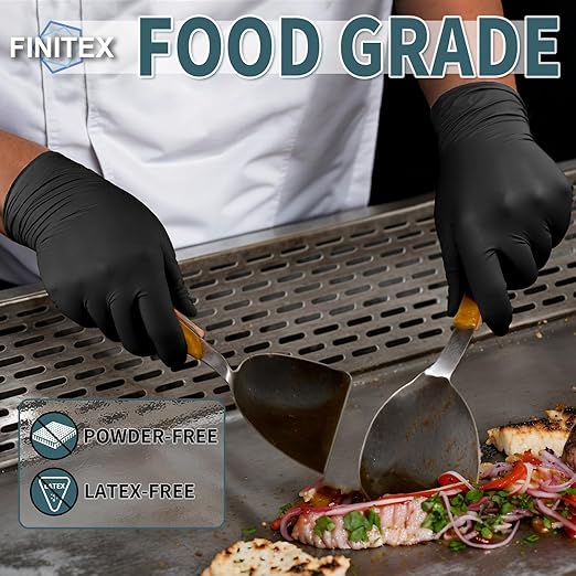 FINITEX - Black Nitrile Disposable Gloves, 5mil, Powder-free, Medical Exam Latex-Free 100 PCS For Cleaning Food Glove (Large)